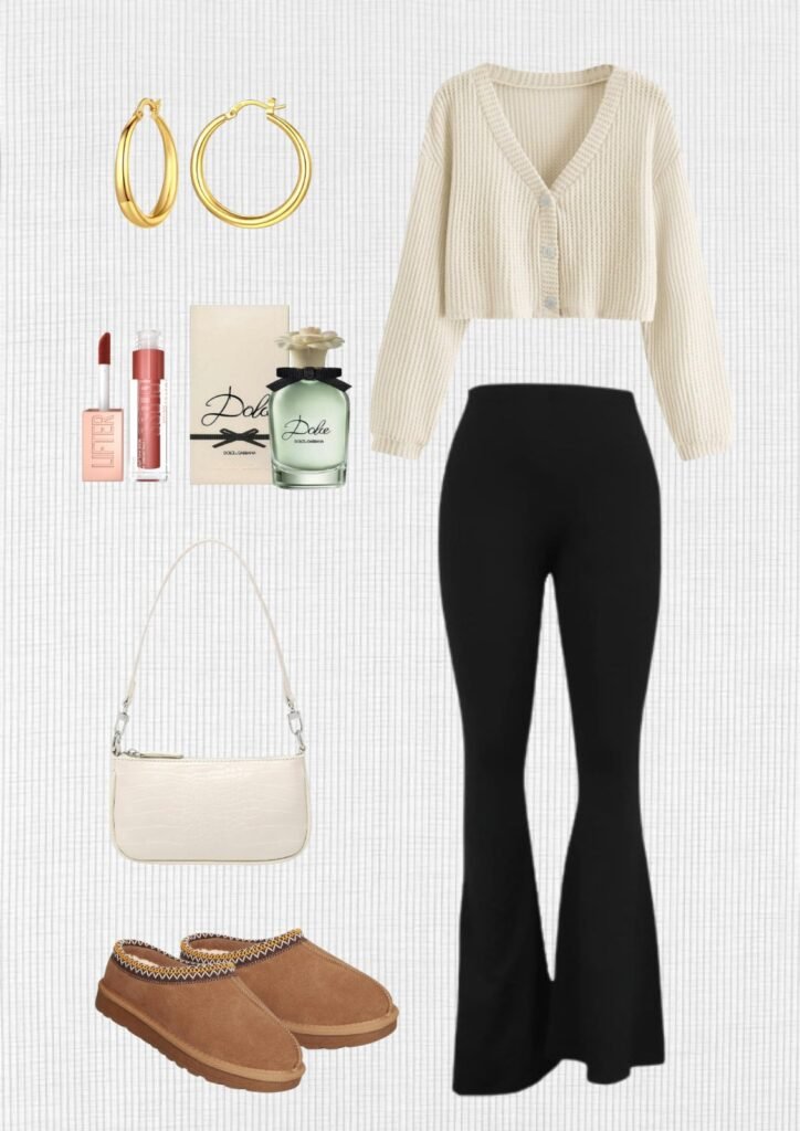 casual-outfits-beige-sweater-black-pants-platform-slippers-beige-bag-gold-earrings