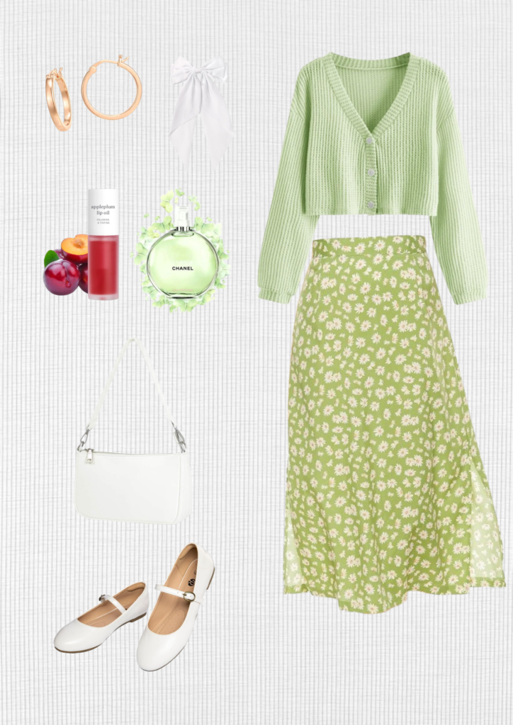 casual-outfit-green-sweater-green-skirt-white-shoes-shite-bag-gold-earrings