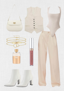 date-night-outfit-beige-bodysuid-white-shoes-beige-pants-gold-bracelets-beige-waiscoat-gucci-guilty-pefrume-anastasia-beverly-hills-liquid-lipstick-white-purse