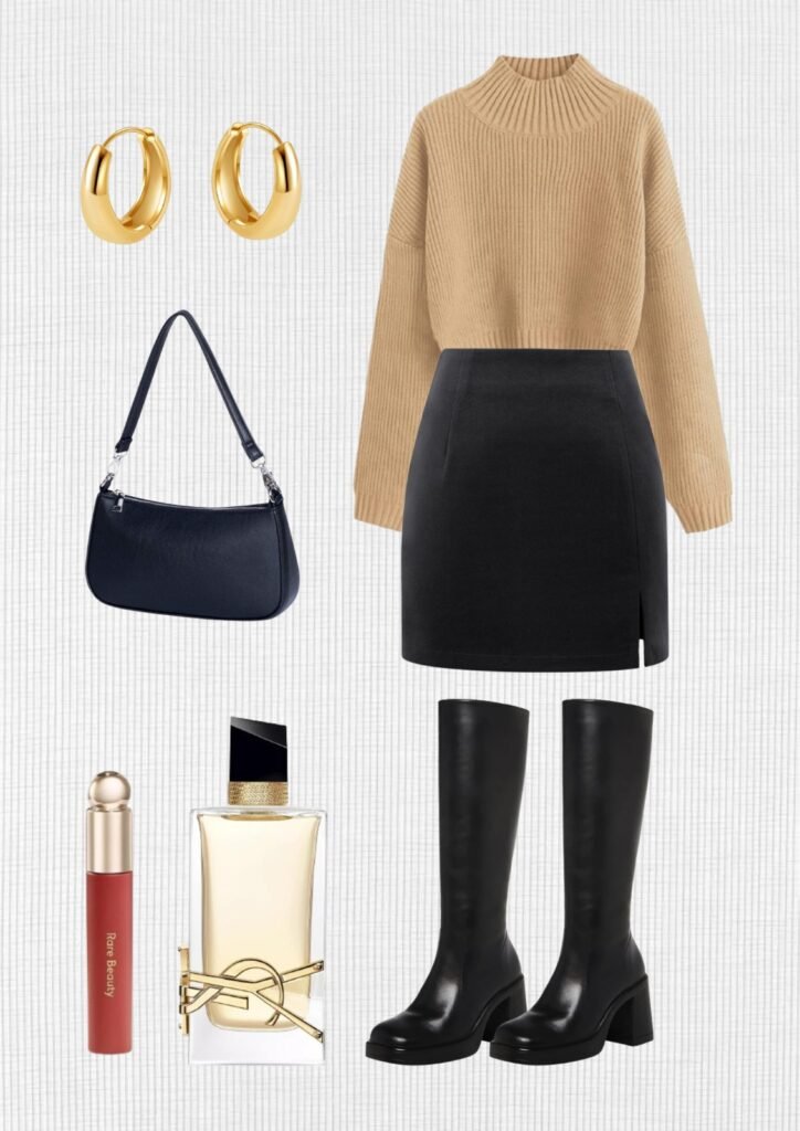 first-date-outfits-beige-sweater-black-skirt-black-boots-black-purse-gold-earrings