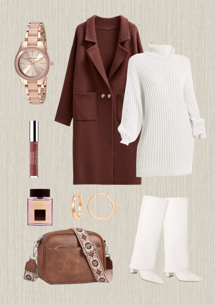 fall-outfits-brown-coat-white-sweater-white-boots-brown-bag-rose-earrings-rose-watch
