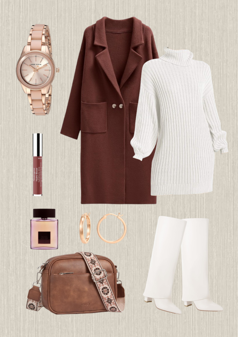 fall-outfits-brown-coat-white-sweater-white-boots-brown-bag-rose-earrings-rose-watch