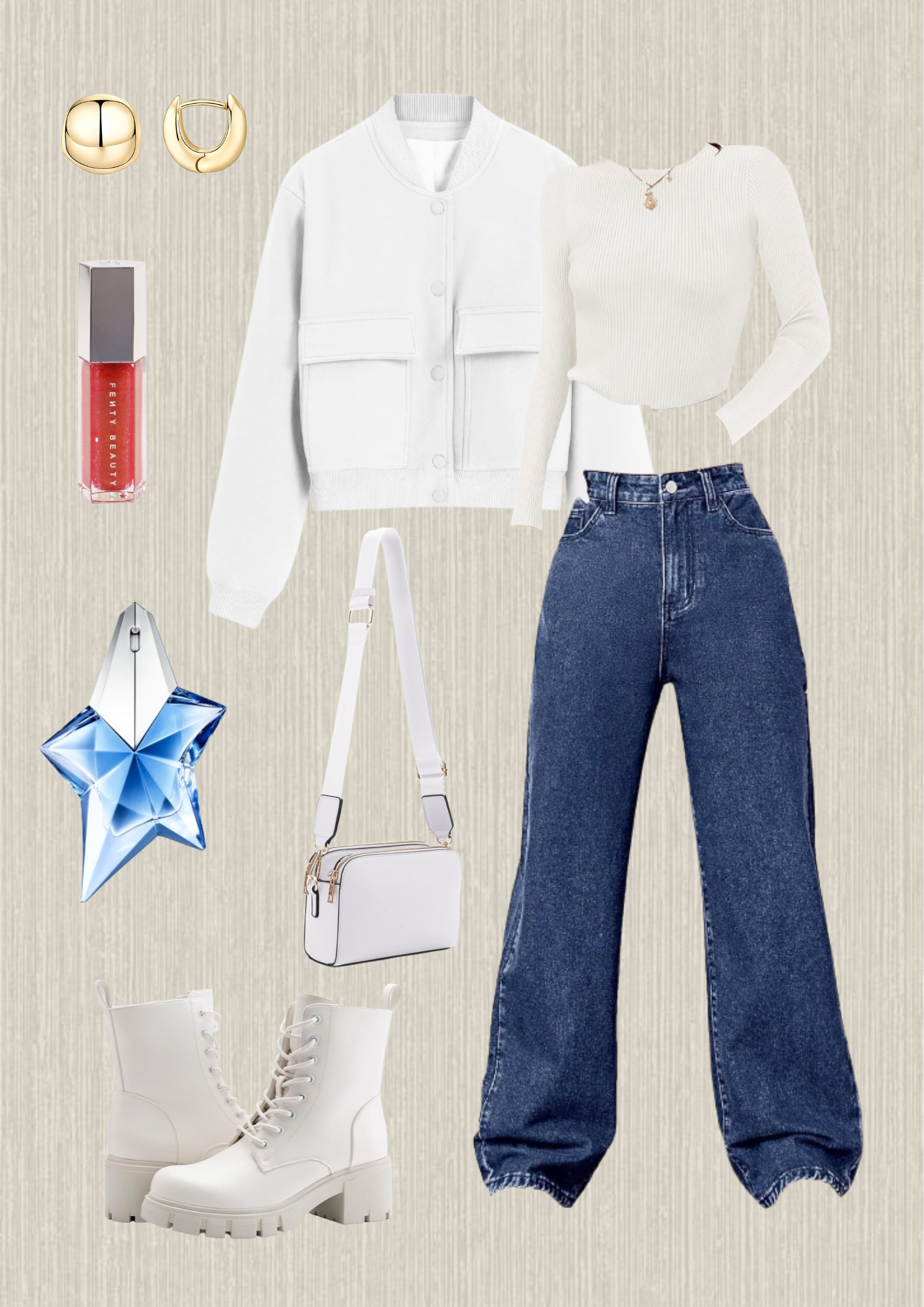 fall-outfit-white-jacket-white-shirt-jeans-white-boots-white-purse-gold-earrings-perfume-red-lip-gloss