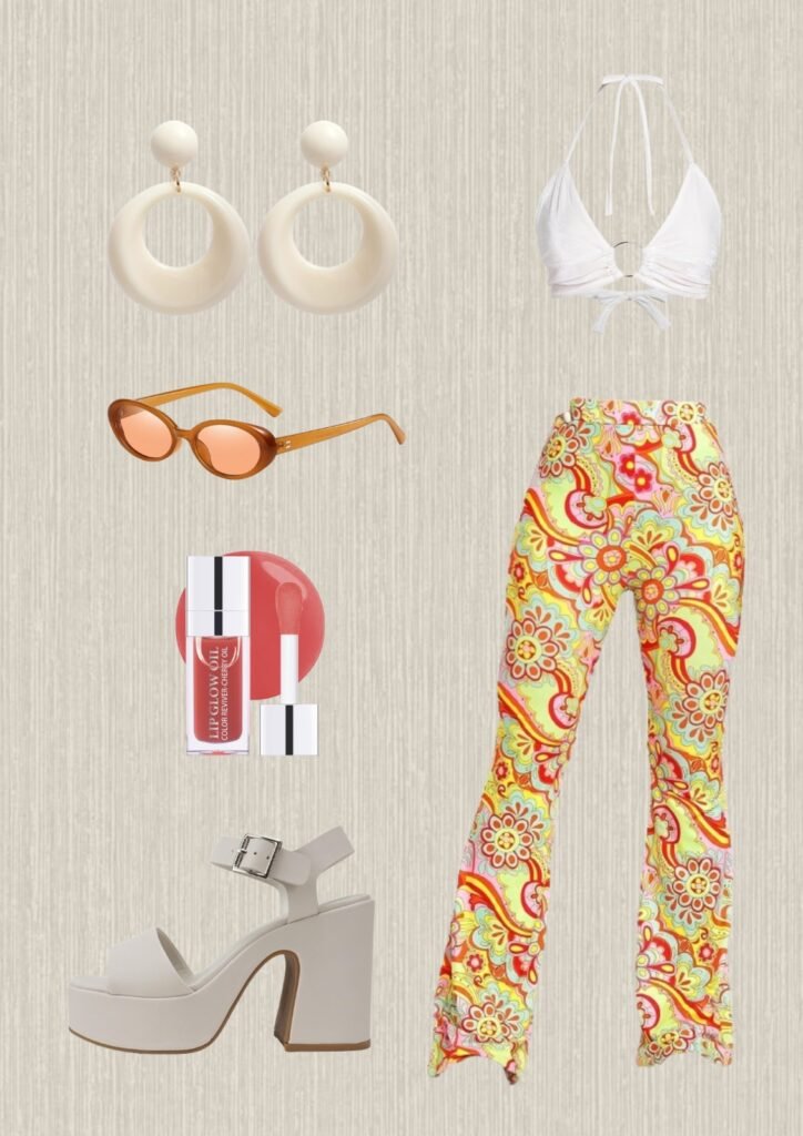 70s-fashion-floral-pants-white-bra-white-earrings-white-heels-orange-sunglasses