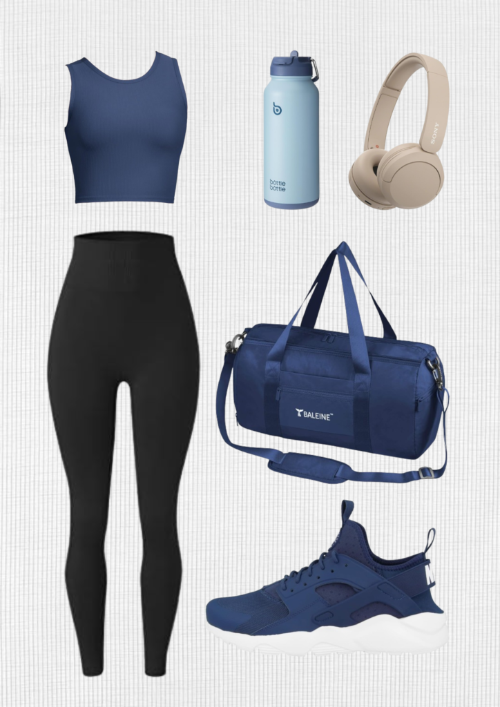 gym-outfits-blue-shirt-black-yoga-pants-blue-bag-blue-sneakers