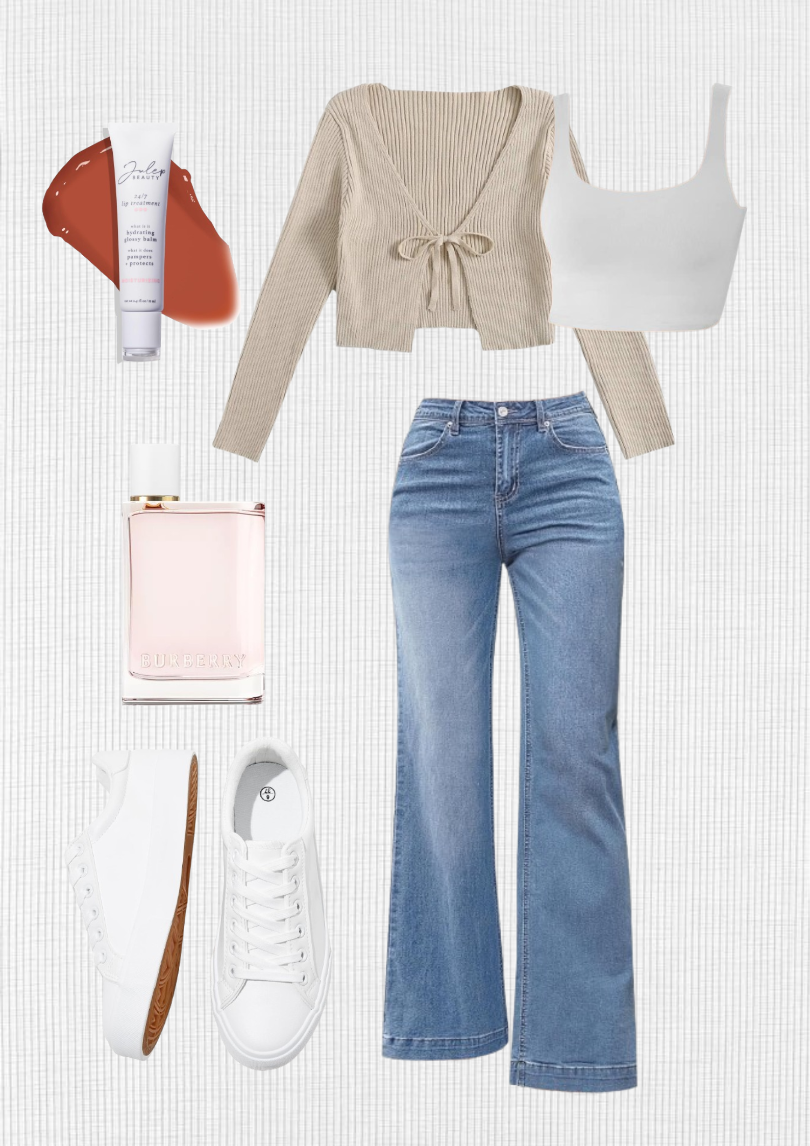 spring-outfits-white-tank-top-beige-sweater-jeans-white-shoes-lip-balsam-perfume