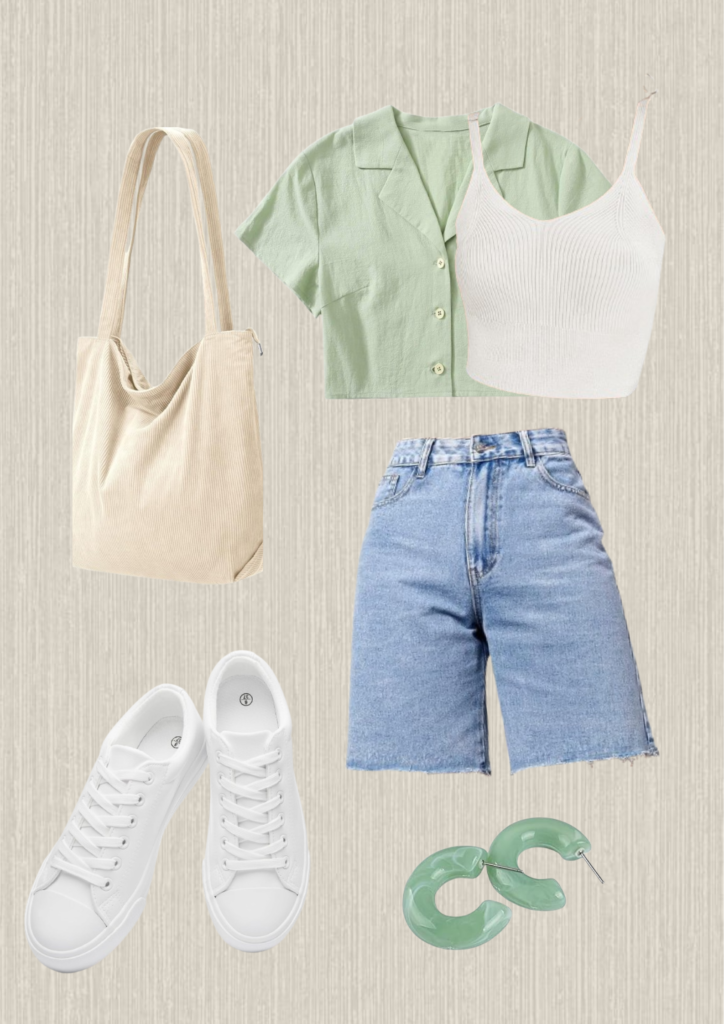 summer-outfits-green-shirt-white-shirt-denim-shorts-green-earrings-white-sneakers-beige-bag