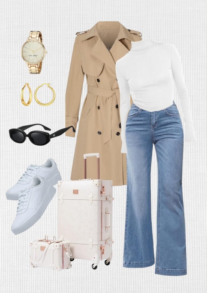travel-outfits-beige-coat-white-sweater-jeans-pink-bag-gold-watch