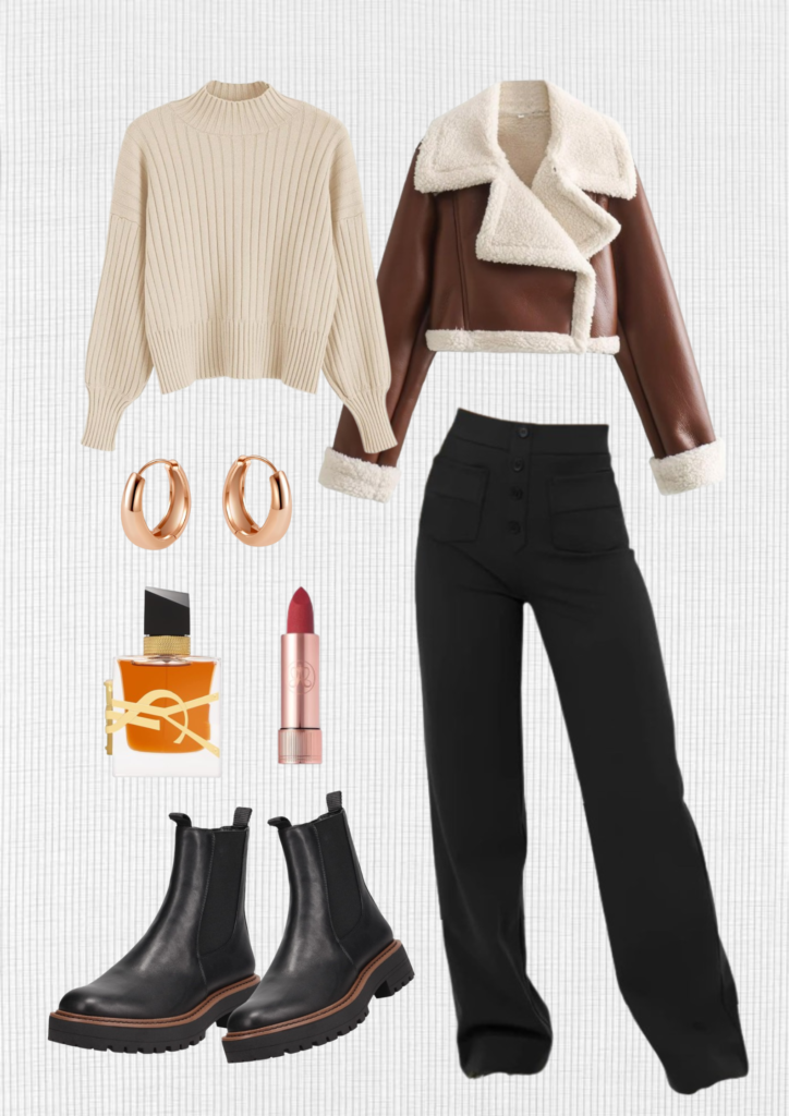 winter-outfits-brown-jacket-black-pants-beige-sweater-black-boots-pink-earrings