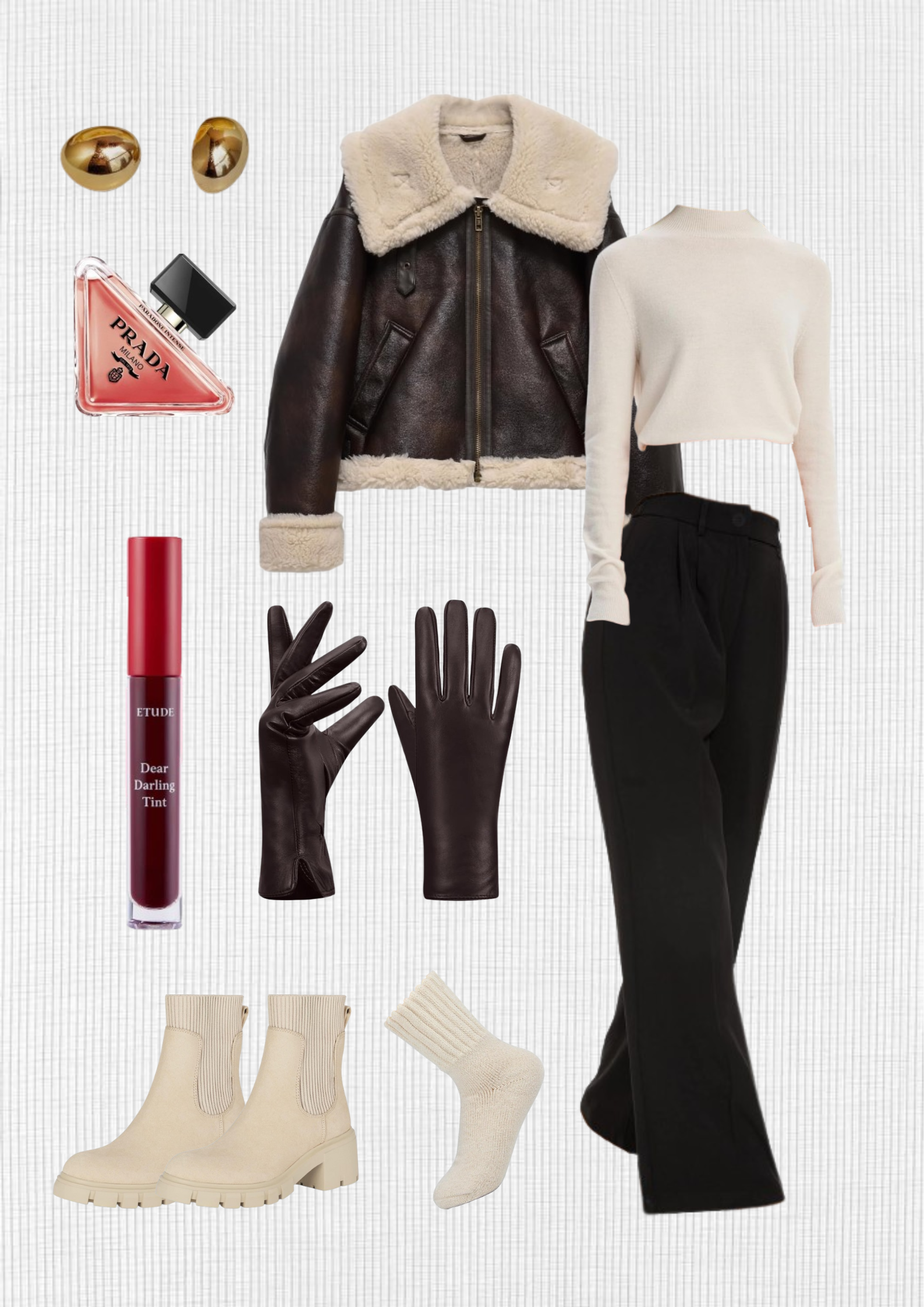 winter-outfit-brown-leather-jacket-beige-long-sleeve-shirt-black-pants-beige-socks-beige-boots-brown-gloves-red-lip-gloss-gold-earrings-perfume