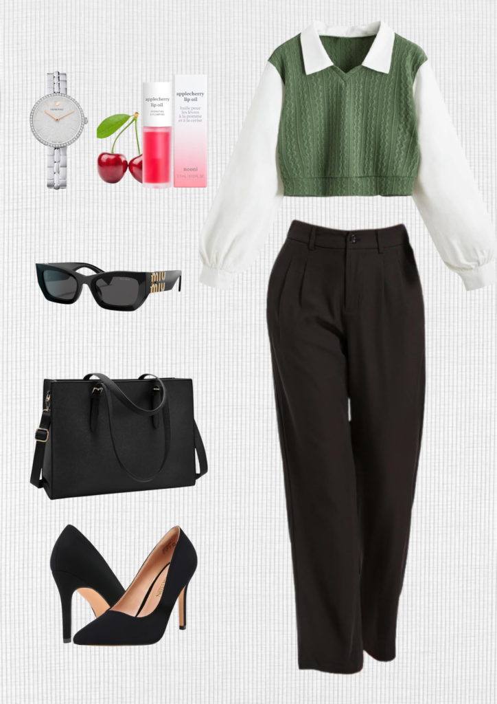 work-outfits-green-sweater-black-pants-black-heels-black-purse-black-glasses