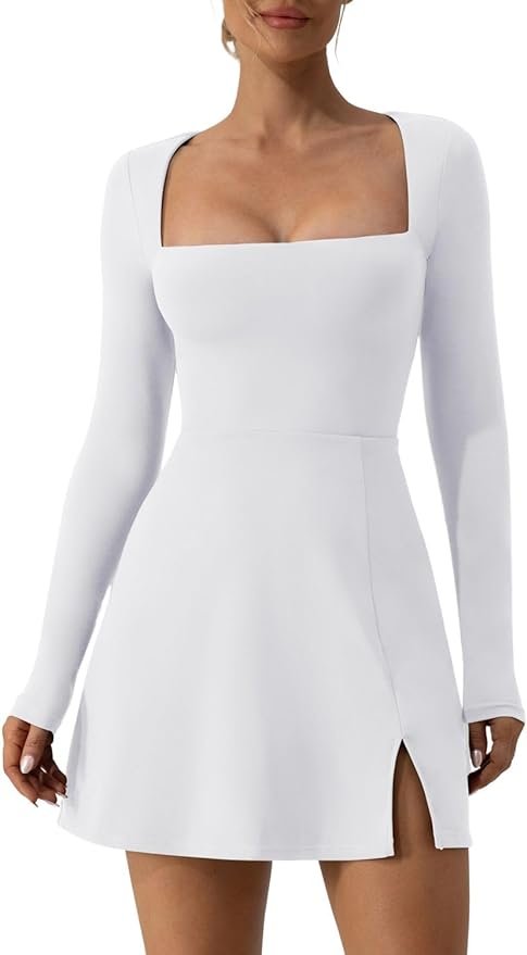 White QINSEN Square Neck, Long Sleeve, Side Slit Flare, Square Neck Bodice Dress