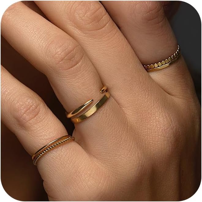 Gold Moodear 6pcs, 14K Gold Plated, Open Twist, Simulated Stackable Rings