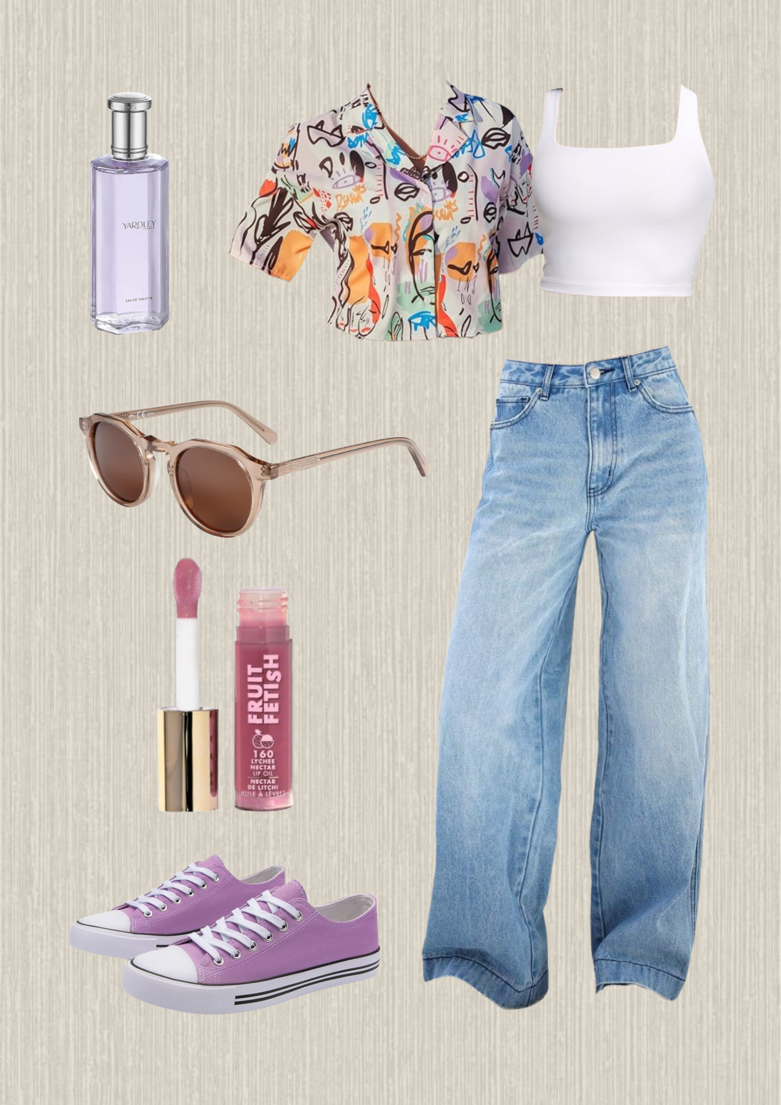 80s-outfits-white-top-button-down-shirt-baggy-jeans-sunglasses-lio-oil-purple-shoes-perfume