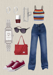 90s-outfits-striped-tank-top-dark-blue-jeans-red-tote-bag-red-converse-sneakers-silver-watch-silver-hair-clip-deep-red-nailpolish-silver-hoops-earrings-sunglasses