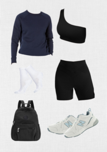 black-workout-outfit-black-one-sh-ulder-sports-bra-black-shorts-deep-blue-sweatshirt-white-socks-white-sneakers-black-backpack