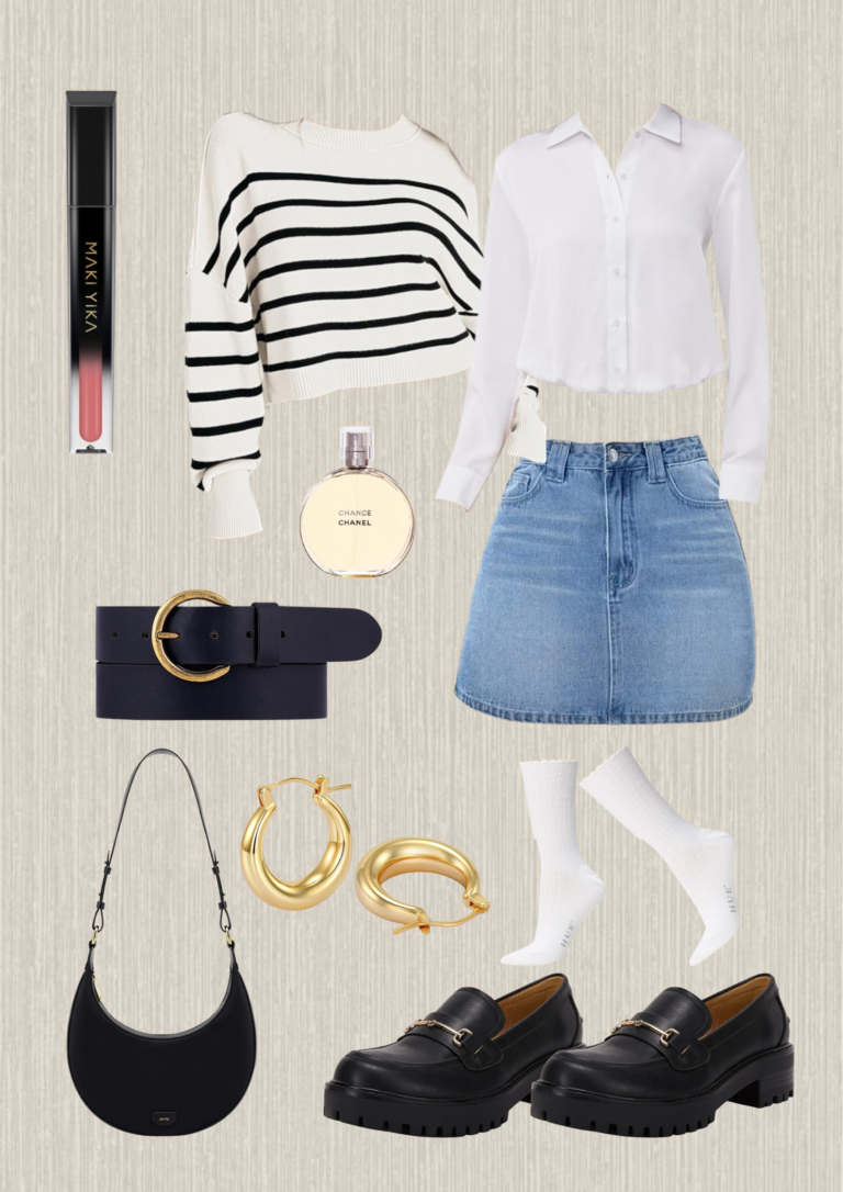 casual-day-fashion-white-body-bloue-denim-mini-skirt-stipped-white-sweather-white-elegent-socks-black-shoes-black-purse-black-belt-soft-pink-lip-gloss-perfume-gold-earrings