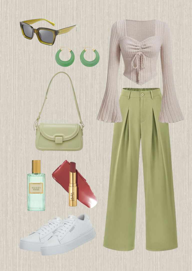 Casual spring outfit: Beige long sleeve top, green pants, green purse, green sunglasses, green earrings, white sneakers, pink lipstick, green perfume.