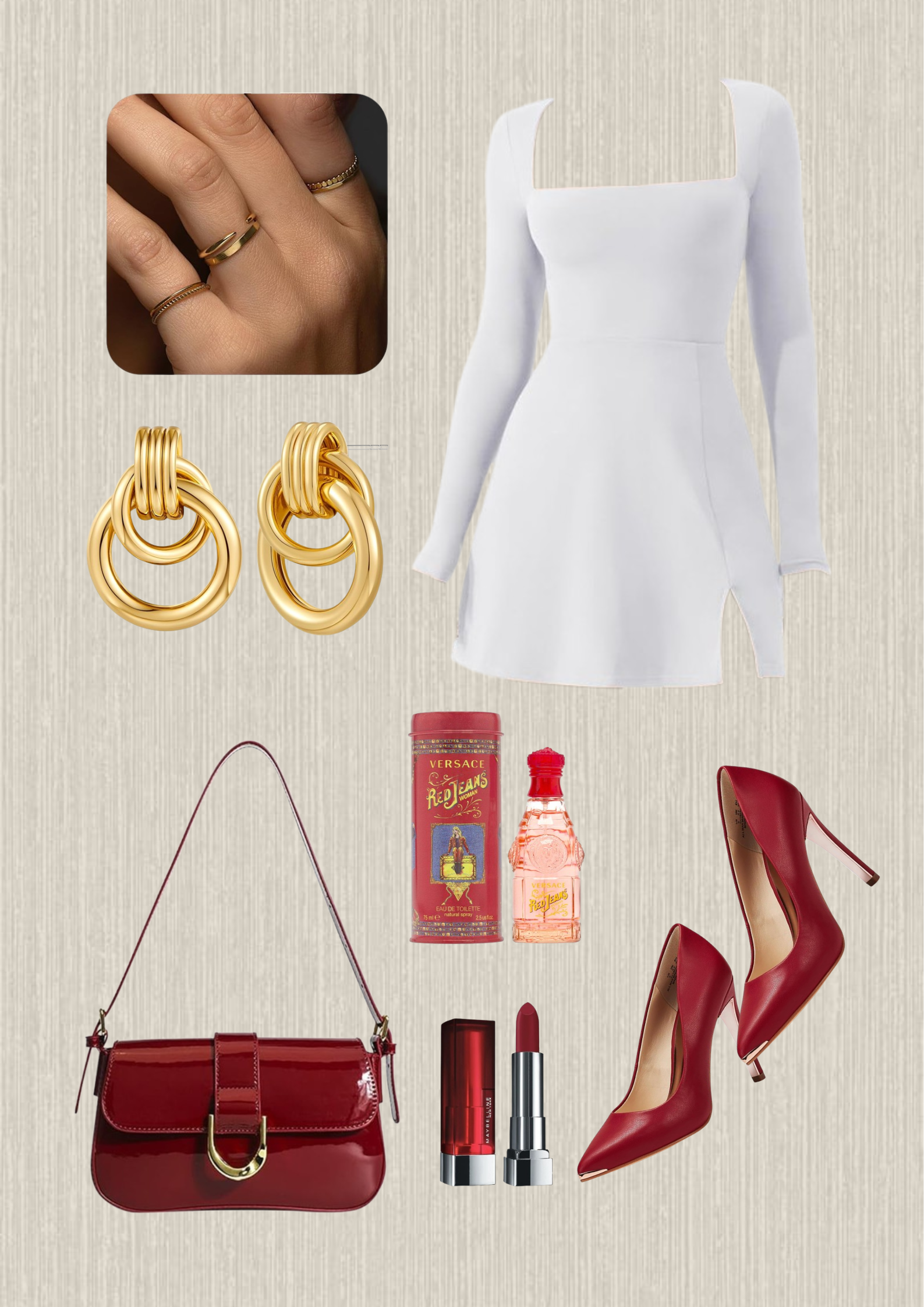 Date night outfit: White dress, gold ring set, gold earrings, red purse, red lipstick, red perfume, red high heels.