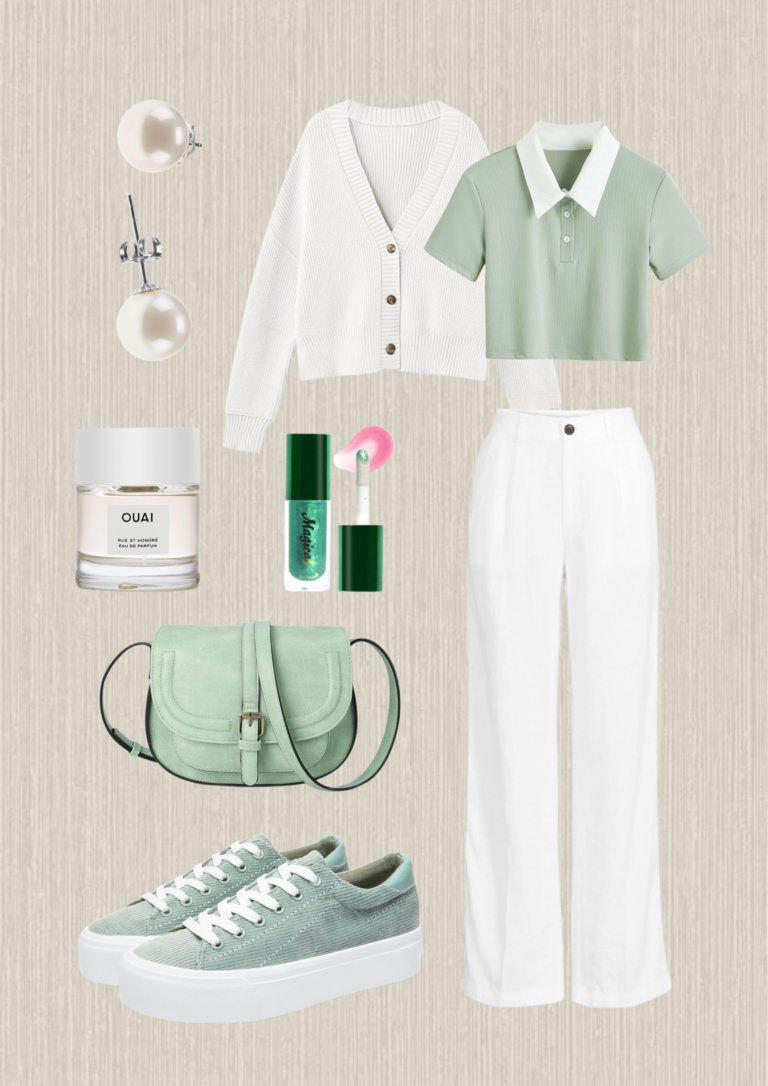 Green outfit: Green T-shirt with collar, white wide pants, green mint sneakers, green purse, white buttons sweater, pearl white earrings, soft pink lip gloss, white note perfume.