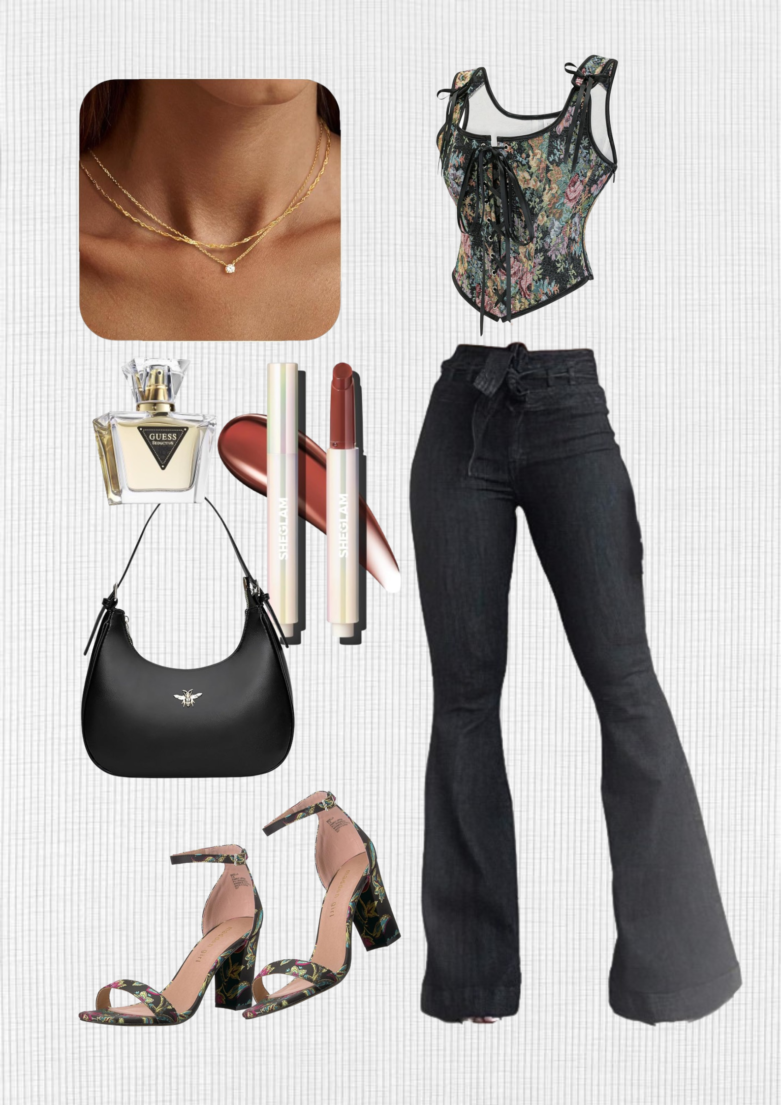 spring-outfit-black-floral-corset-black-denim-jeans-black-floral-sandals-black-lether-purse-red-lip-gloss-gold-perfume-gold-necklace-set