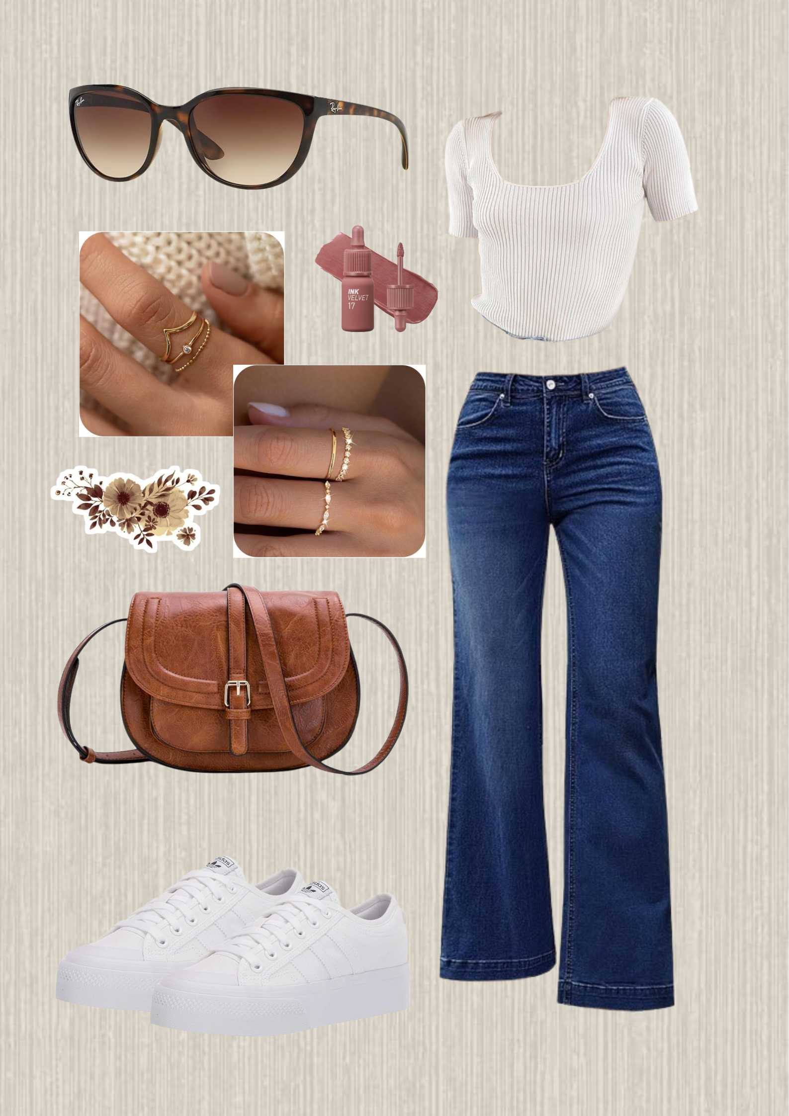 spring-outfit-white-shirt-dark-blue-jeans-brown-leather-purse-brown-sunglasses-pink-lip-gloss-gold-ring-set-1-gold-ring-set-2-white-sneakers