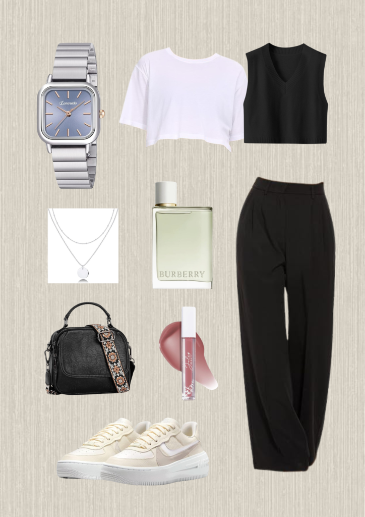 casual-spring-outfits-white-t-shirt-black-no-sleeve-sweather-black-pants-silver-watch-white-gold-necklace-black-leather-purse-nude-lip-gloss-beige-sneakers