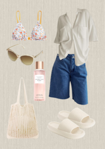 summer-outfit-beige-blouse-dark-blue-denim-shorts-yellow-bikini-top-beige-sunglasses-pink-body-mist-beige-summer-bag-beige-summer-sandals