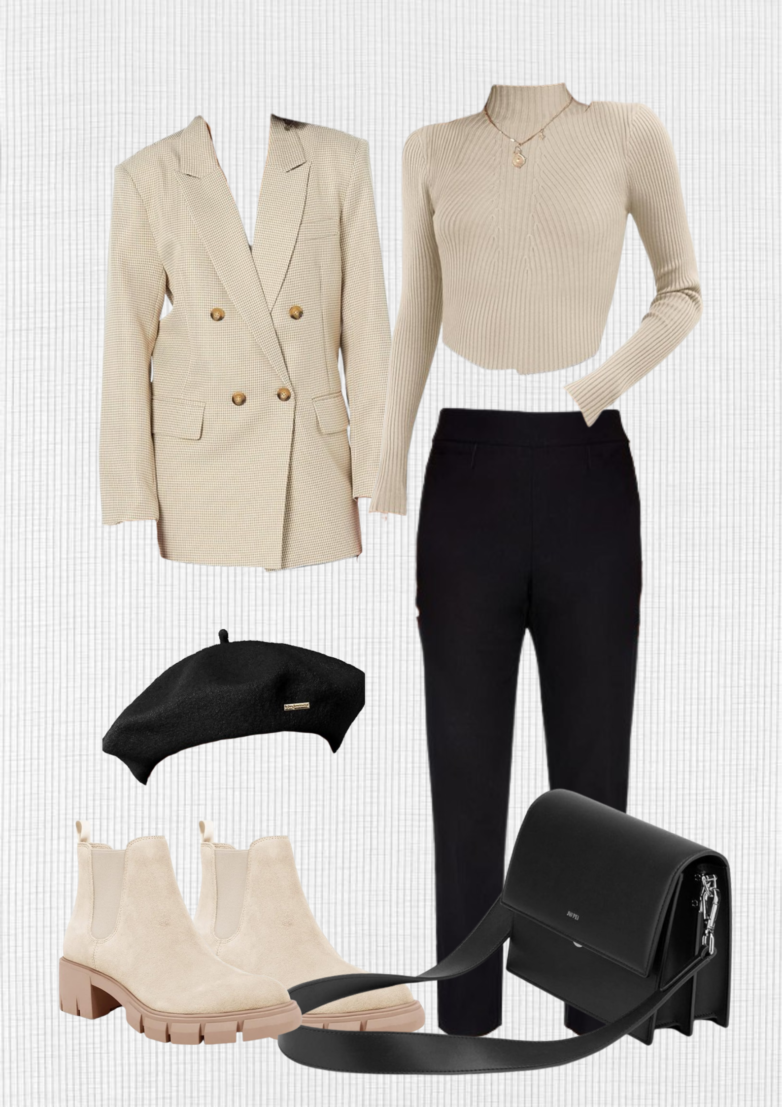 winter-outfit-beige-oversized-blazer-beige-turtleneck-shirt-black-pants-black-beret-hat-beige-boots-black-leather-purse