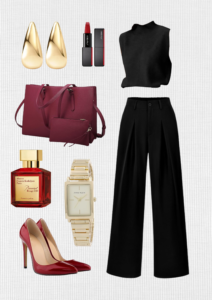 work-attire-black-sleeveless-top-black-wide-leg-pants-red-lipstick-gold-errings-gold-watch-ine-red-bag-red-high-heels-red-perfume