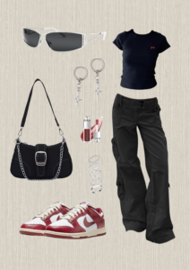 y2k-fashion-black-shirt-black-baggy-pants-vlack-bag-with-silver-belt-white-n-red-sneakers-silver-sunglasses-silver-earrings-silver-ring-set-red-lip-gloss